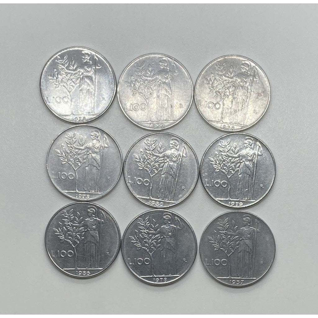 Lot of 9 Italy 100 Lire Coins - KM# 96.1