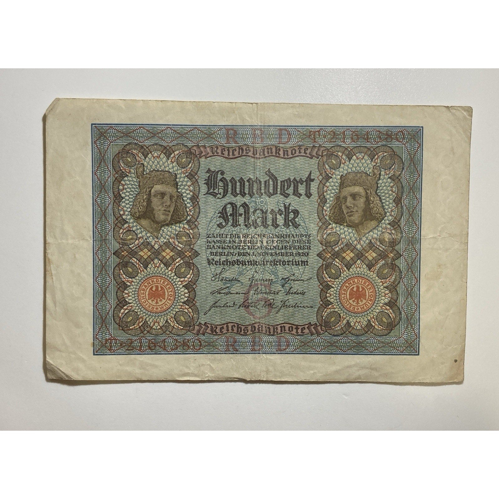 German Currency: 1920 Germany 100 Mark Paper Money Banknote - P# 69