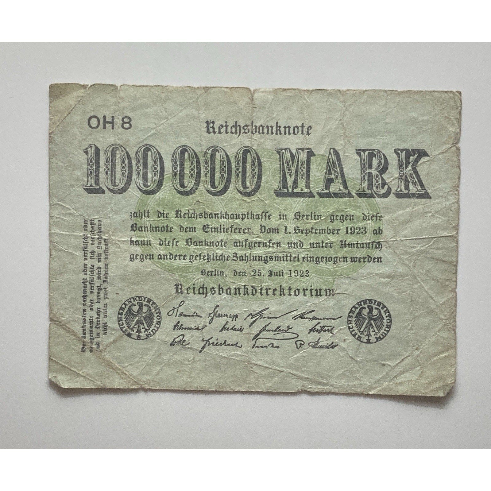 German Currency: 1923 Germany 100,000 Mark Paper Money Banknote - P# 91