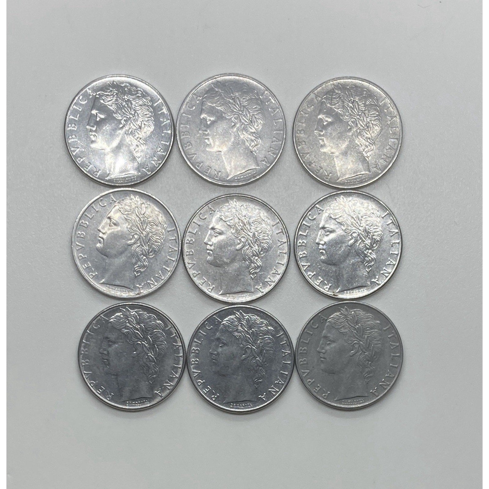 Lot of 9 Italy 100 Lire Coins - KM# 96.1