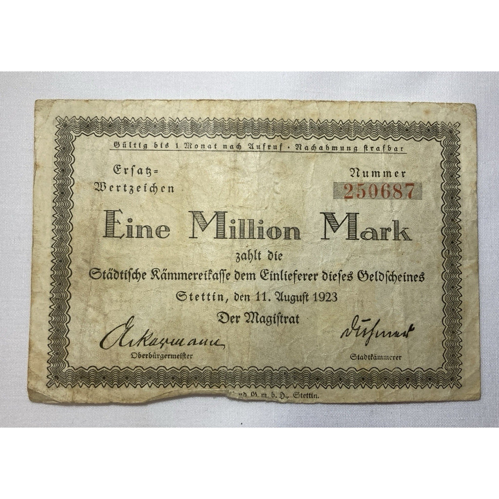 1923 Germany Local Currency (Notgeld), City of Stettin 1 Million Mark Note