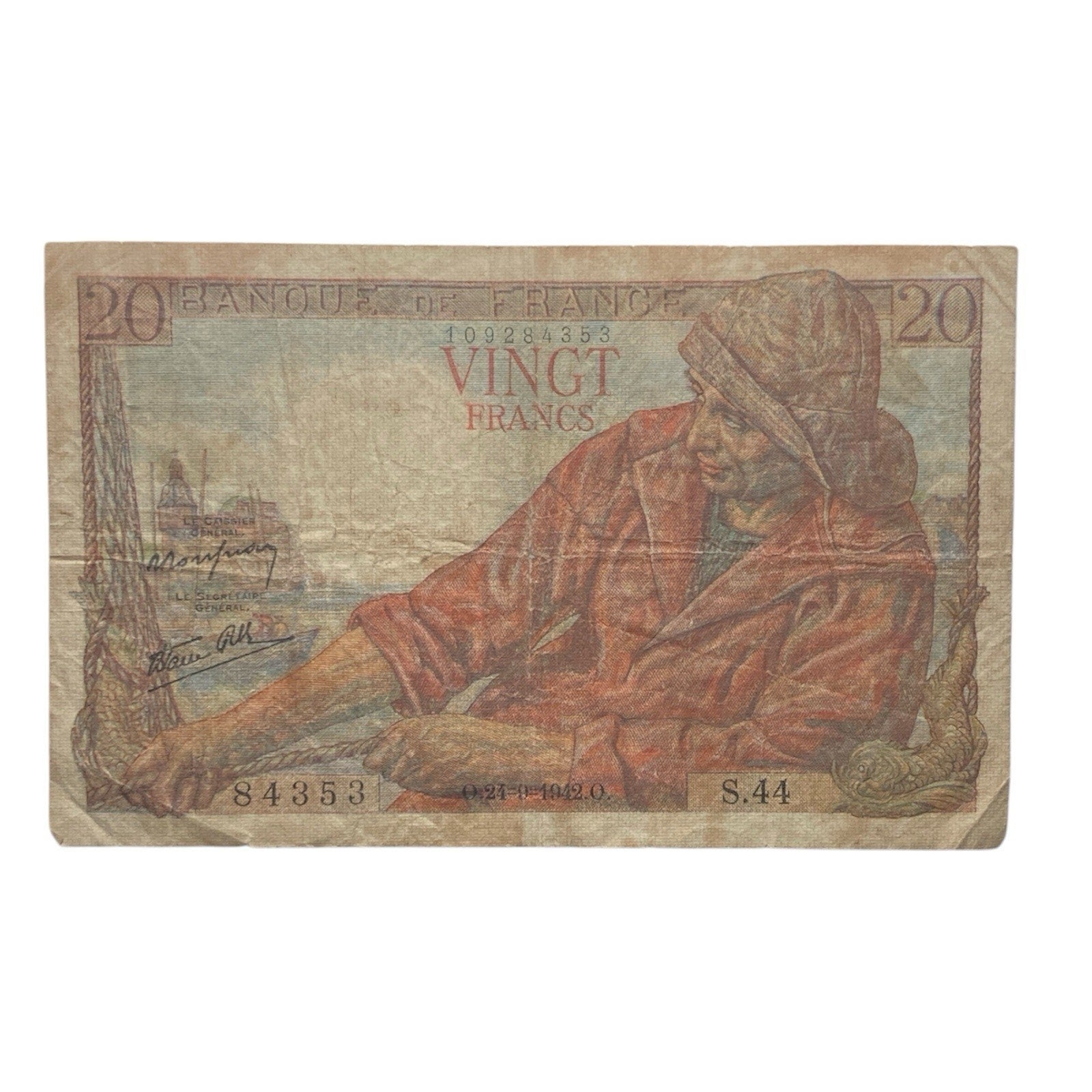 French Currency: 1942 France 20 Francs Paper Money Banknote - P# 100