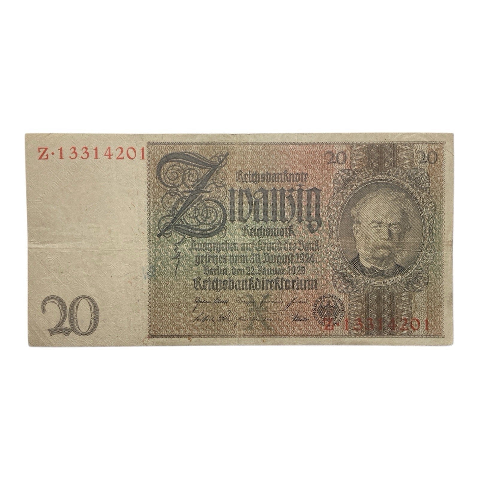 German Currency: 1929 Germany 20 Reichsmark Paper Money Banknote - P# 181